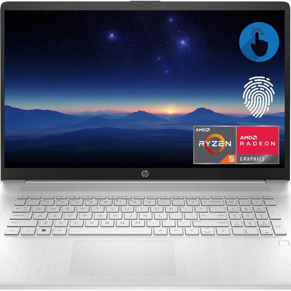 HP 17 Laptop, 17.3" HD+ Touchscreen, AMD Ryzen 5 5625U, 16GB DDR4 RAM, 512 GB PCIe SSD, Wi-Fi, Backlit Keyboard, Fingerprint Reader, HDMI, Windows 11 Home, Silver